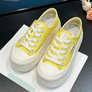 Breathable Mesh White Sneakers for Women - 2025 Summer Korean Style Yellow Thick-Soled Height-Increasing Casual Sports Shoes
