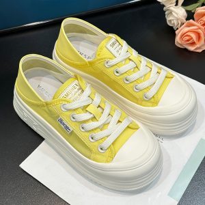 Breathable Mesh White Sneakers for Women - 2025 Summer Korean Style Yellow Thick-Soled Height-Increasing Casual Sports Shoes