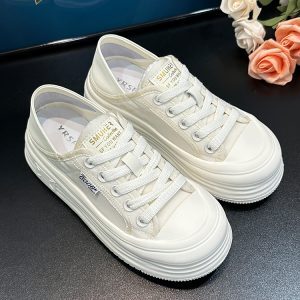 Breathable Mesh White Sneakers for Women - 2025 Summer Korean Style Yellow Thick-Soled Height-Increasing Casual Sports Shoes
