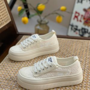Breathable White Mesh Lace-Up Shoes for Women - Summer 2025 Thick-Soled Biscuit Style for Skirts and Casual Outfits