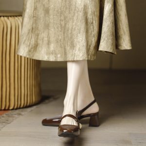 Brown Backless Closed-Toe Mid-Heel Chunky Sandals for Women - Retro French Style Summer 2025 Heels