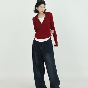 Brown Fake Two-Piece Half-High Collar Long Sleeve T-Shirt for Women - Spring Korean Style Versatile Slim Fit Base Top