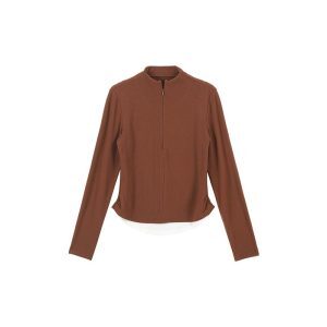 Brown Fake Two-Piece Half-High Collar Long Sleeve T-Shirt for Women - Spring Korean Style Versatile Slim Fit Base Top