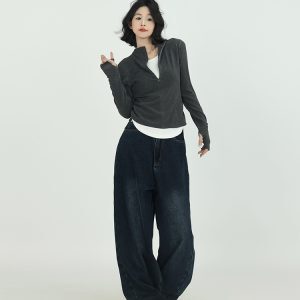 Brown Fake Two-Piece Half-High Collar Long Sleeve T-Shirt for Women - Spring Korean Style Versatile Slim Fit Base Top