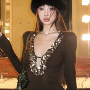 Brown Sequin Deep V-Neck T-Shirt for Women - Low-Cut Sexy Slim-Fit Knitted Top - Trendy Y2K Style