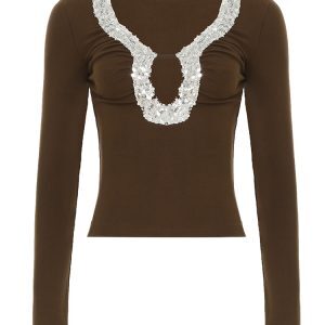 Brown Sequin Deep V-Neck T-Shirt for Women - Low-Cut Sexy Slim-Fit Knitted Top - Trendy Y2K Style