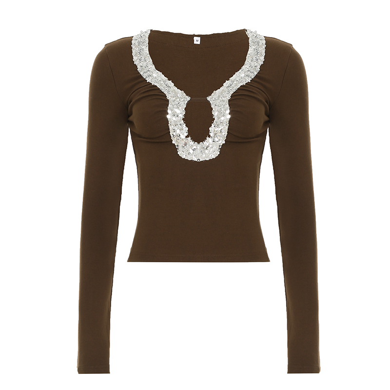Brown Sequin Deep V-Neck T-Shirt for Women - Low-Cut Sexy Slim-Fit Knitted Top - Trendy Y2K Style
