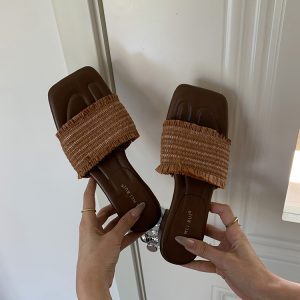 Brown Tassel Woven Slip-On Sandals for Women - Vintage Summer Style 2025, Perfect for Skirts and Casual Outfits
