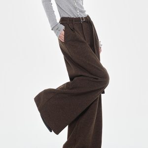 Brown Thick Woolen Wide-Leg Suit Pants for Women - Autumn/Winter Loose Draped Casual Trousers, Y2K Inspired Fashion