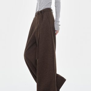 Brown Thick Woolen Wide-Leg Suit Pants for Women - Autumn/Winter Loose Draped Casual Trousers, Y2K Inspired Fashion
