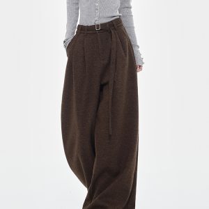 Brown Thick Woolen Wide-Leg Suit Pants for Women - Autumn/Winter Loose Draped Casual Trousers, Y2K Inspired Fashion