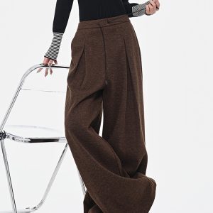 Brown Thickened Woolen Pleated Suit Pants for Women, Autumn/Winter Versatile Loose Slimming Wide-Leg Style, Chic Fashion Essential