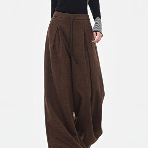 Brown Thickened Woolen Pleated Suit Pants for Women, Autumn/Winter Versatile Loose Slimming Wide-Leg Style, Chic Fashion Essential