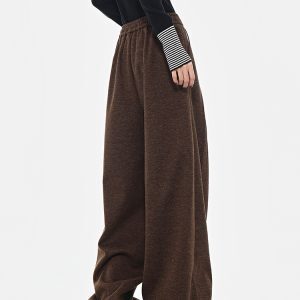 Brown Thickened Woolen Pleated Suit Pants for Women, Autumn/Winter Versatile Loose Slimming Wide-Leg Style, Chic Fashion Essential