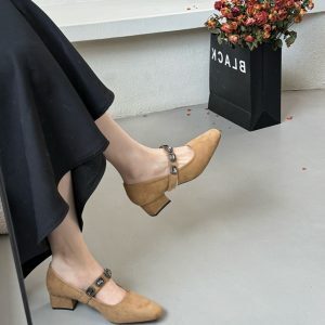 Brown Vintage Mary Jane High Heels with Chunky Heel and One-Strap Design, Stylish Shallow Mouth Flats for Spring 2025 Fashion