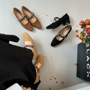 Brown Vintage Mary Jane High Heels with Chunky Heel and One-Strap Design, Stylish Shallow Mouth Flats for Spring 2025 Fashion