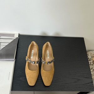 Brown Vintage Mary Jane High Heels with Chunky Heel and One-Strap Design, Stylish Shallow Mouth Flats for Spring 2025 Fashion