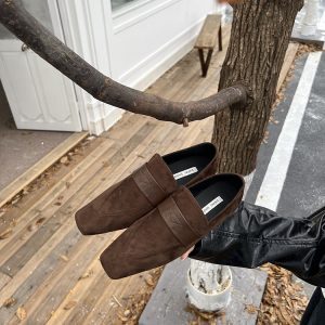 Brown Women's Loafers - Flat Square-Toe Retro Style, 2024 Autumn/Winter, High-End British Niche Fashion Footwear