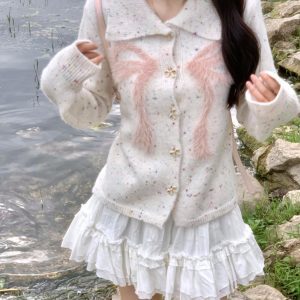 Butterfly Knot Rainbow Polka Dot Short Knitted Coat for Women, Large Lapel Autumn Cardigan, Cute Y2K Style Outerwear