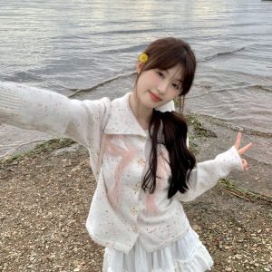 Butterfly Knot Rainbow Polka Dot Short Knitted Coat for Women, Large Lapel Autumn Cardigan, Cute Y2K Style Outerwear