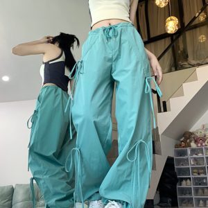 Butterfly Knot Strap Mint Mambo Cargo Pants for Women - Street Dance & Jazz Outfit, Perfect for Outings and Active Wear