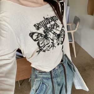 Butterfly Print Long Sleeve Jazz Top - Thin Sun Protection T-Shirt for Music Festival Outfits, Perfect for Girl Groups and 90s Style.