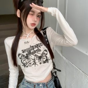 Butterfly Print Long Sleeve Jazz Top - Thin Sun Protection T-Shirt for Music Festival Outfits, Perfect for Girl Groups and 90s Style.