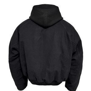 Canvas Ribbed Hooded Cotton Bomber Jacket in Snow-Like Pearl Finish - Stiff Silhouette for Trendy 90s Y2K Style