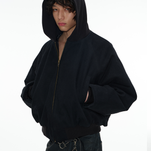 Canvas Ribbed Hooded Cotton Bomber Jacket in Snow-Like Pearl Finish - Stiff Silhouette for Trendy 90s Y2K Style
