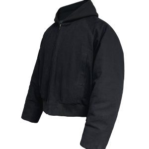 Canvas Ribbed Hooded Cotton Bomber Jacket in Snow-Like Pearl Finish - Stiff Silhouette for Trendy 90s Y2K Style