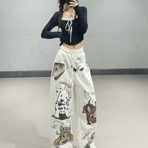 Cartoon Print Wide-Leg Long Pants for Girls - Casual Straight-Leg Sports Trousers for Spring and Autumn, Y2K Style