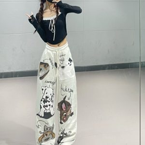 Cartoon Print Wide-Leg Long Pants for Girls - Casual Straight-Leg Sports Trousers for Spring and Autumn, Y2K Style