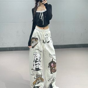 Cartoon Print Wide-Leg Long Pants for Girls - Casual Straight-Leg Sports Trousers for Spring and Autumn, Y2K Style