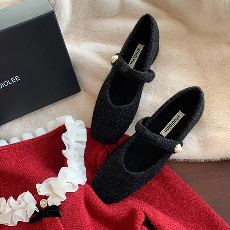 Cashmere Pearl Square Toe Fur Strap Mary Jane Shoes - Plush Cotton Thick-Heeled Loafers for Women, Autumn Winter Fashion