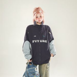 Casual Color-Blocking Stand Collar Jacket for Women - Trendy Loose Fit Spring Autumn 2025 American Style Outerwear