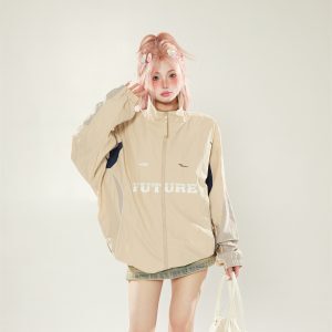 Casual Color-Blocking Stand Collar Jacket for Women - Trendy Loose Fit Spring Autumn 2025 American Style Outerwear