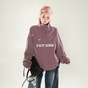 Casual Color-Blocking Stand Collar Jacket for Women - Trendy Loose Fit Spring Autumn 2025 American Style Outerwear
