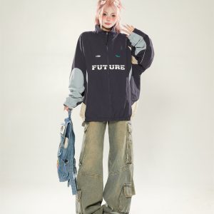 Casual Color-Blocking Stand Collar Jacket for Women - Trendy Loose Fit Spring Autumn 2025 American Style Outerwear