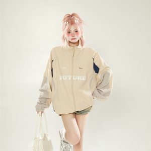 Casual Color-Blocking Stand Collar Jacket for Women - Trendy Loose Fit Spring Autumn 2025 American Style Outerwear