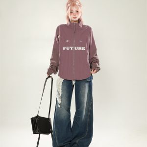 Casual Color-Blocking Stand Collar Jacket for Women - Trendy Loose Fit Spring Autumn 2025 American Style Outerwear