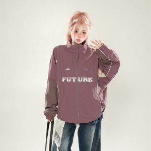 Casual Color-Blocking Stand Collar Jacket for Women - Trendy Loose Fit Spring Autumn 2025 American Style Outerwear
