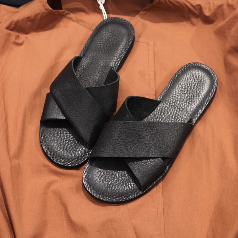 Casual Genuine Leather Cross Strap Slippers - Comfortable Flat Outdoor Beach Sandals for Women