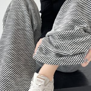 Casual Hip-Hop Wide-Leg Pants for Jazz Dance, Black and White Diagonal Striped Draped Loose Straight-Leg Trousers