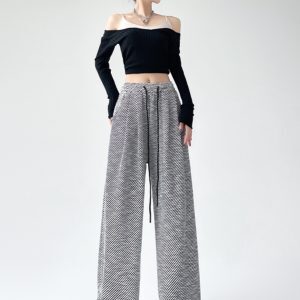 Casual Hip-Hop Wide-Leg Pants for Jazz Dance, Black and White Diagonal Striped Draped Loose Straight-Leg Trousers
