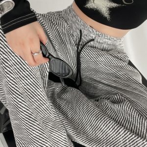 Casual Hip-Hop Wide-Leg Pants for Jazz Dance, Black and White Diagonal Striped Draped Loose Straight-Leg Trousers