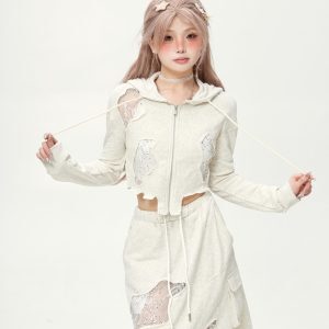 Casual Irregular Lace Patchwork Ripped Short Hooded Jacket & Cropped Skirt Two-Piece Set for Women - Slim Fit Y2K Style