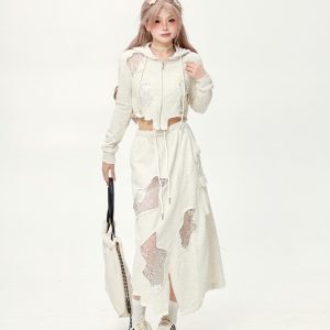 Casual Irregular Lace Patchwork Ripped Short Hooded Jacket & Cropped Skirt Two-Piece Set for Women - Slim Fit Y2K Style