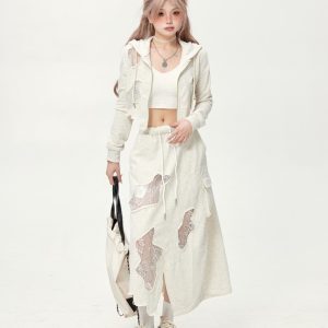 Casual Irregular Lace Patchwork Ripped Short Hooded Jacket & Cropped Skirt Two-Piece Set for Women - Slim Fit Y2K Style