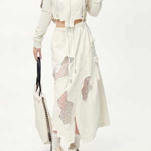 Casual Irregular Lace Patchwork Ripped Short Hooded Jacket & Cropped Skirt Two-Piece Set for Women - Slim Fit Y2K Style