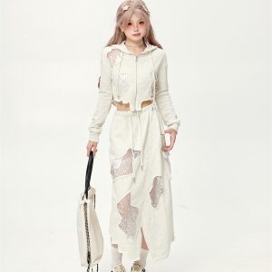 Casual Irregular Lace Patchwork Ripped Short Hooded Jacket & Cropped Skirt Two-Piece Set for Women - Slim Fit Y2K Style